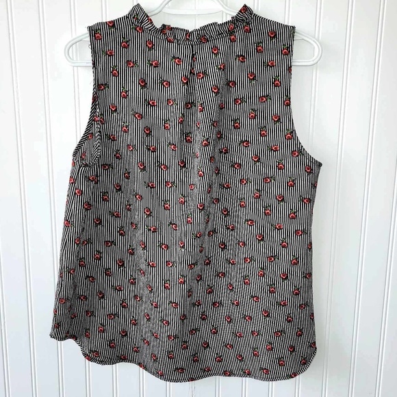 PLEIONE Black/White Stripes Red Floral Print Chic Sleeveless Camisole Blouse Top - Picture 6 of 6